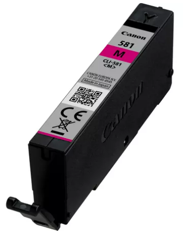 Canon Tintenpatrone, schwarz mit magenta Tinte, beschriftet mit Text und QR-Code.