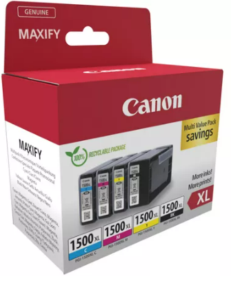 Canon Maxify Druckerpatronenbox. Enthält mehrere XL-Tintenpatronen, rote und weiße Verpackung.