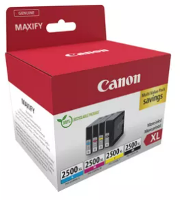 Canon Tintenpatronen in einer rot-weißen Box. Die Box trägt den Titel MAXIFY und hat das Canon-Logo.