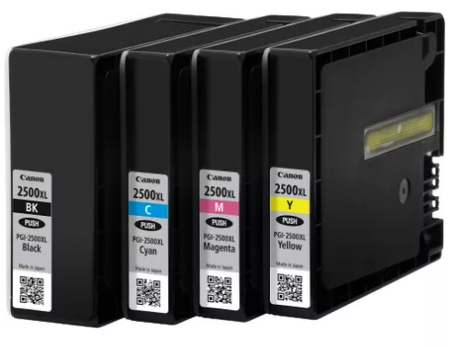 Vier schwarze Canon 2500XL Tintenpatronen mit den Bezeichnungen Schwarz, Cyan, Magenta und Gelb.