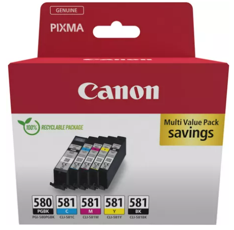 Cartucce Originali Canon PGI-580 CLI-581 - Set Da 5 Per Stampanti PIXMA, Nero Pigmento E Colori
