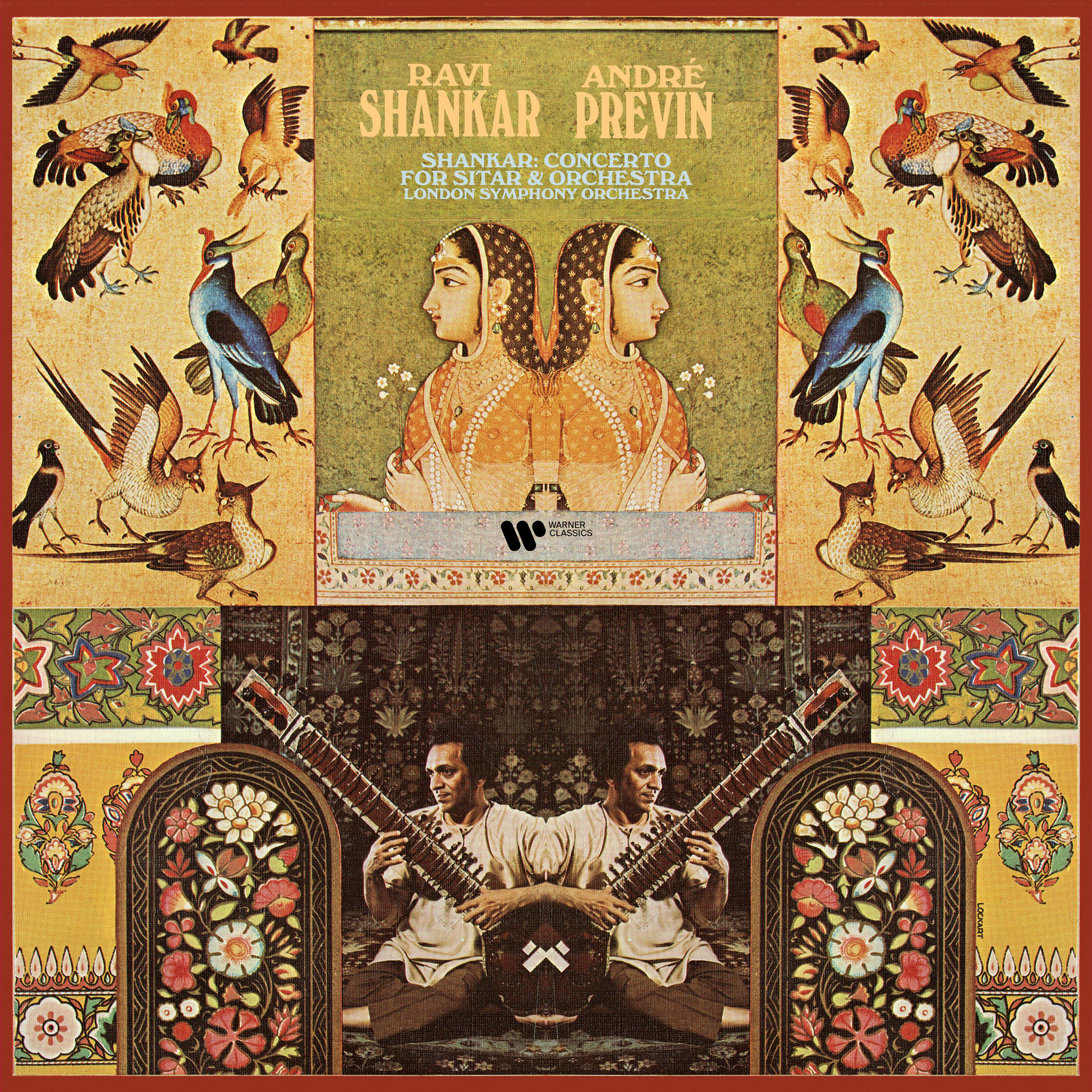Album borító: Ravi Shankar & André Previn, tükrözött szitárok és kulturális minták.