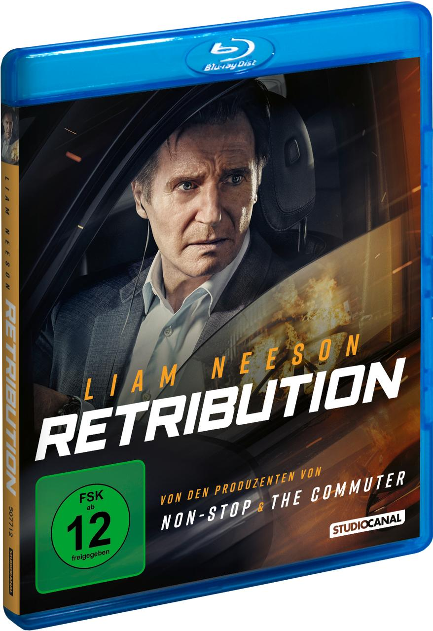 Blu-ray-Disc-Hülle für den Film 'Retribution' mit Liam Neeson. Blaue Hülle mit einem Mann im Auto.