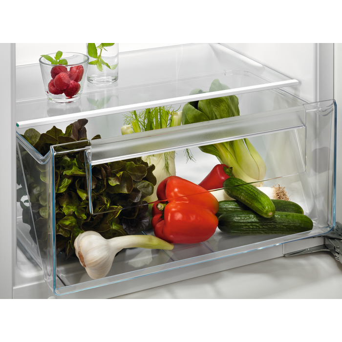 Kühlschrankinnenraum mit transparenten Schubladen, gefüllt mit frischem Gemüse und Beeren.