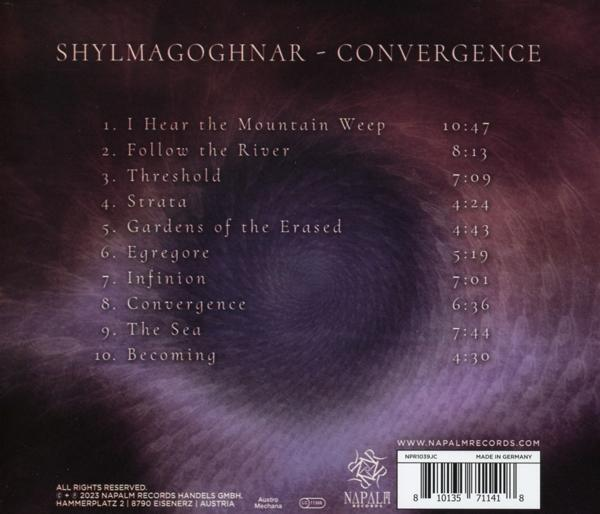 Albumcover mit Titelliste auf lila Hintergrund. Titel: SHYLMAGOGHNAR - Convergence.