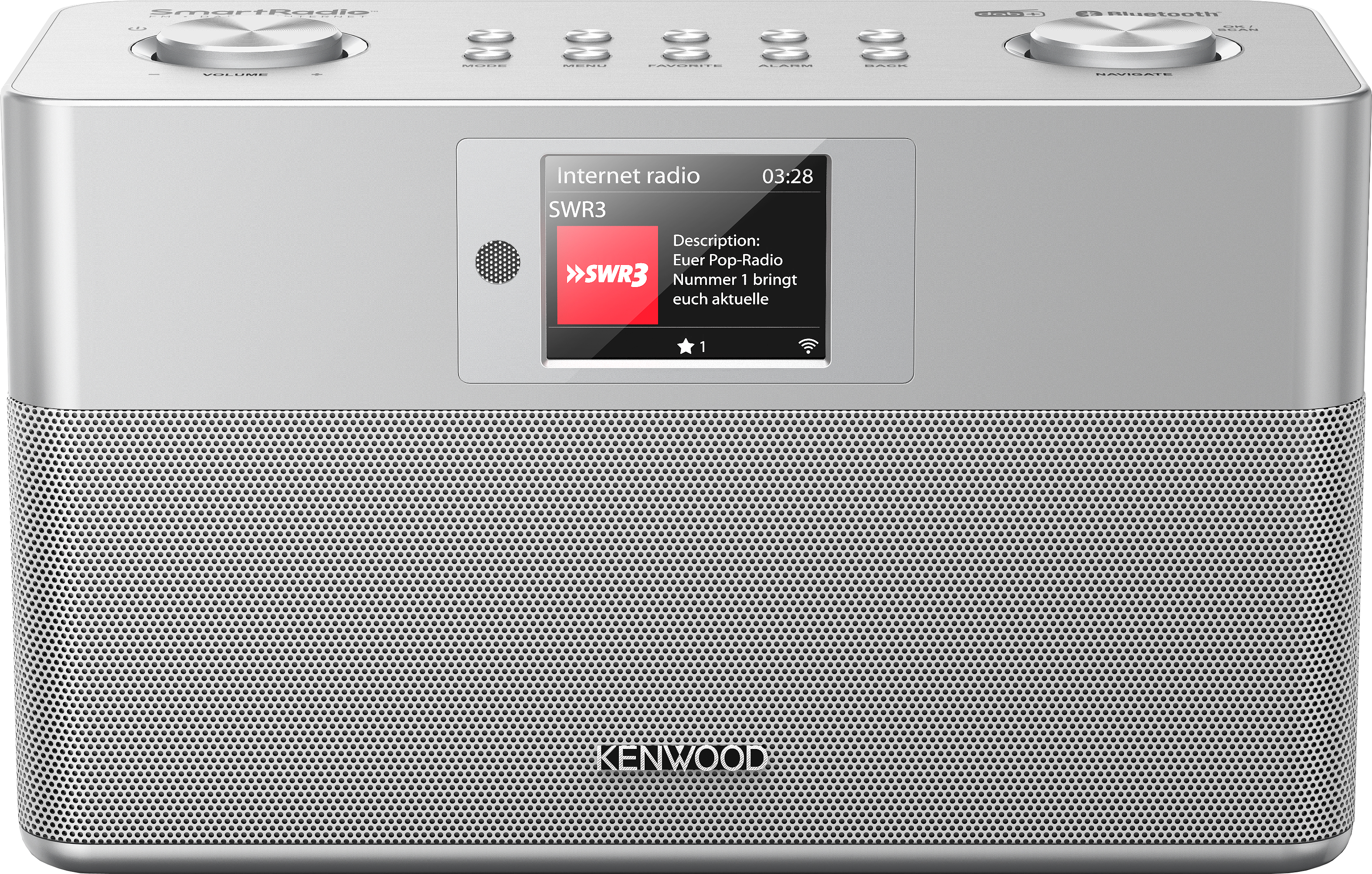 Kenwood Smart Radio mit Bildschirm, der Radioinfos anzeigt, und Lautsprecher auf der Vorderseite.