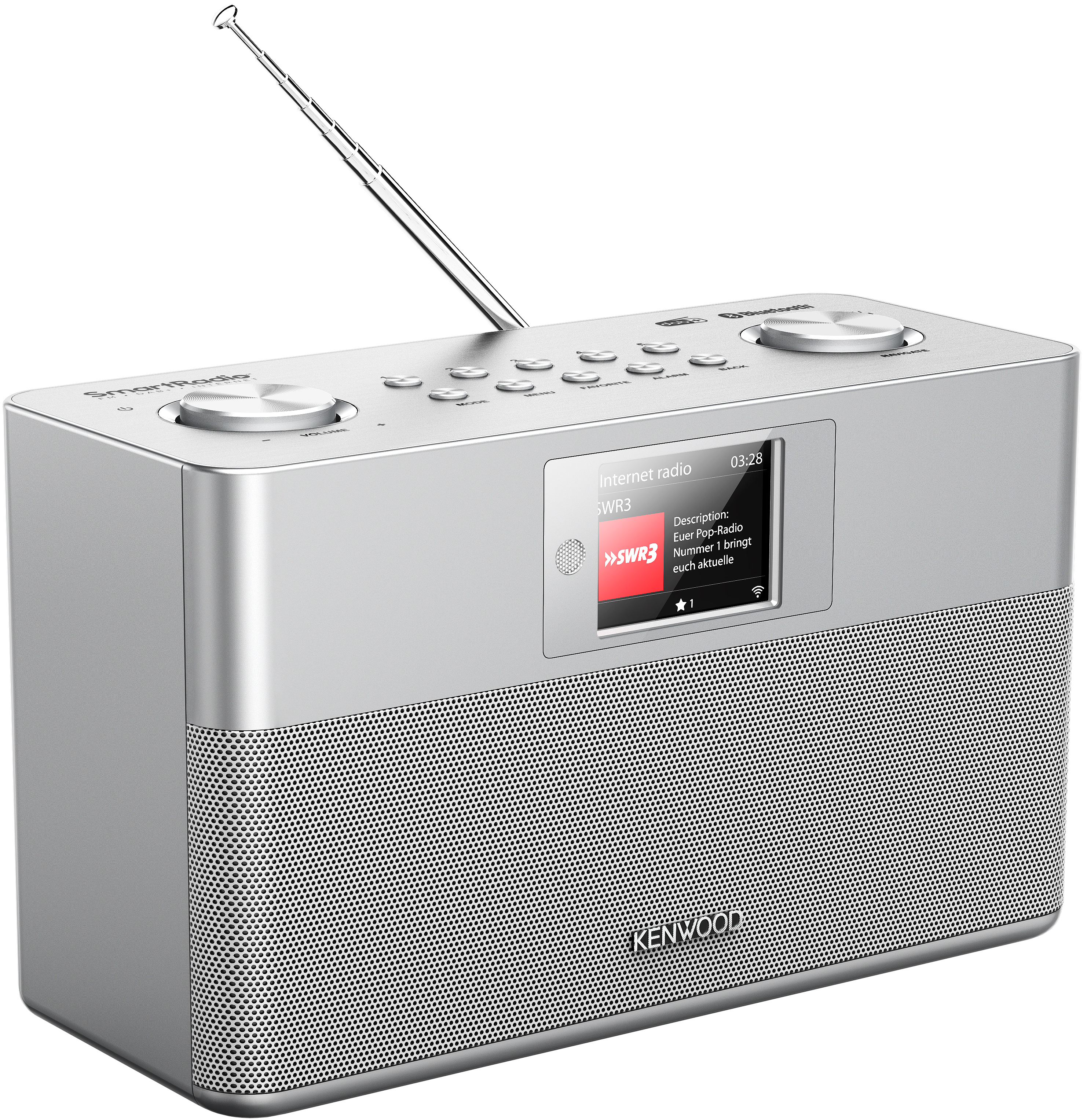 Silbernes Kenwood SmartRadio mit Display, Knöpfen und Antenne.