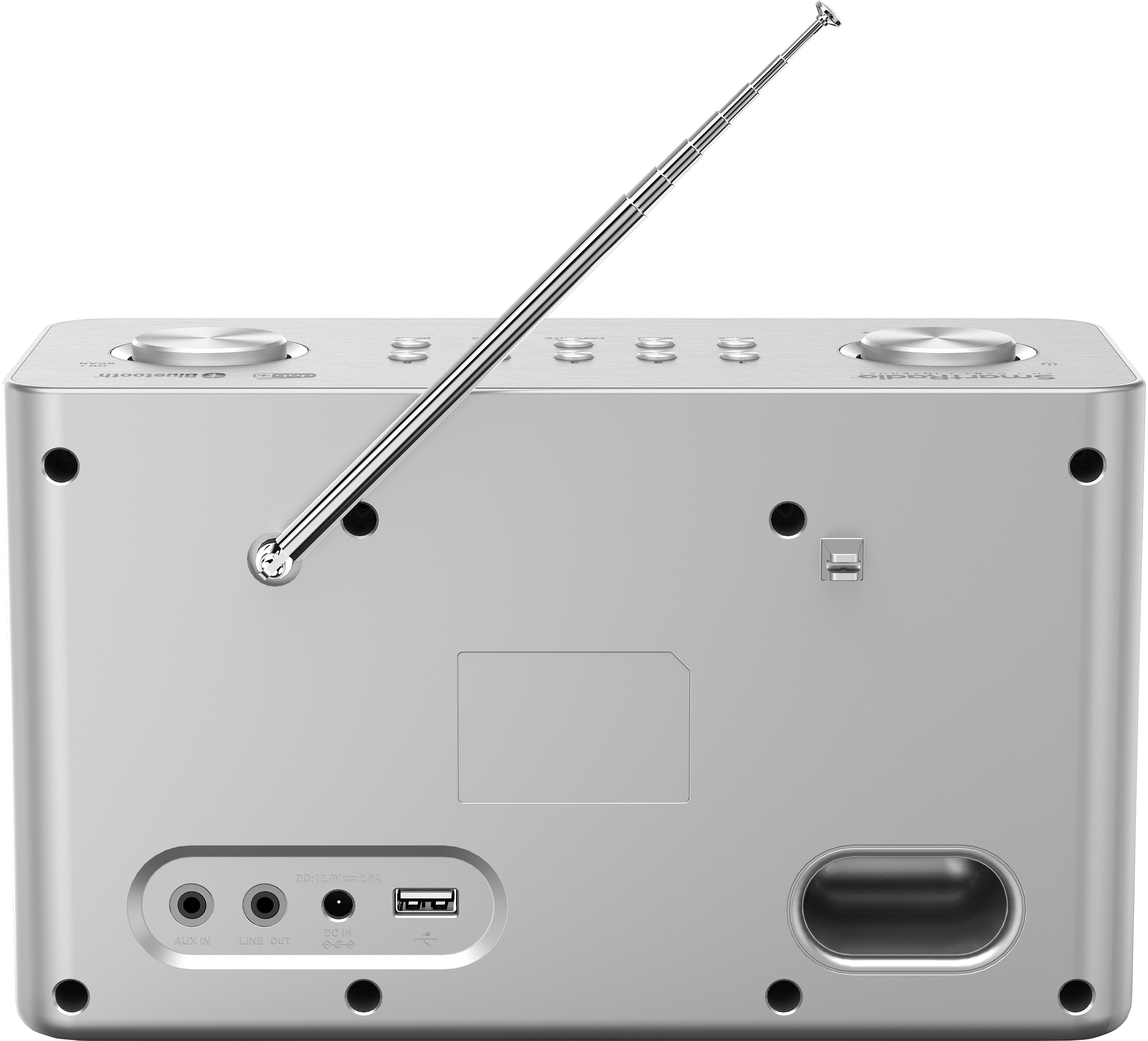 Silbernes Radio mit Antenne und Anschlüssen auf der Rückseite, einschließlich AUX und USB.