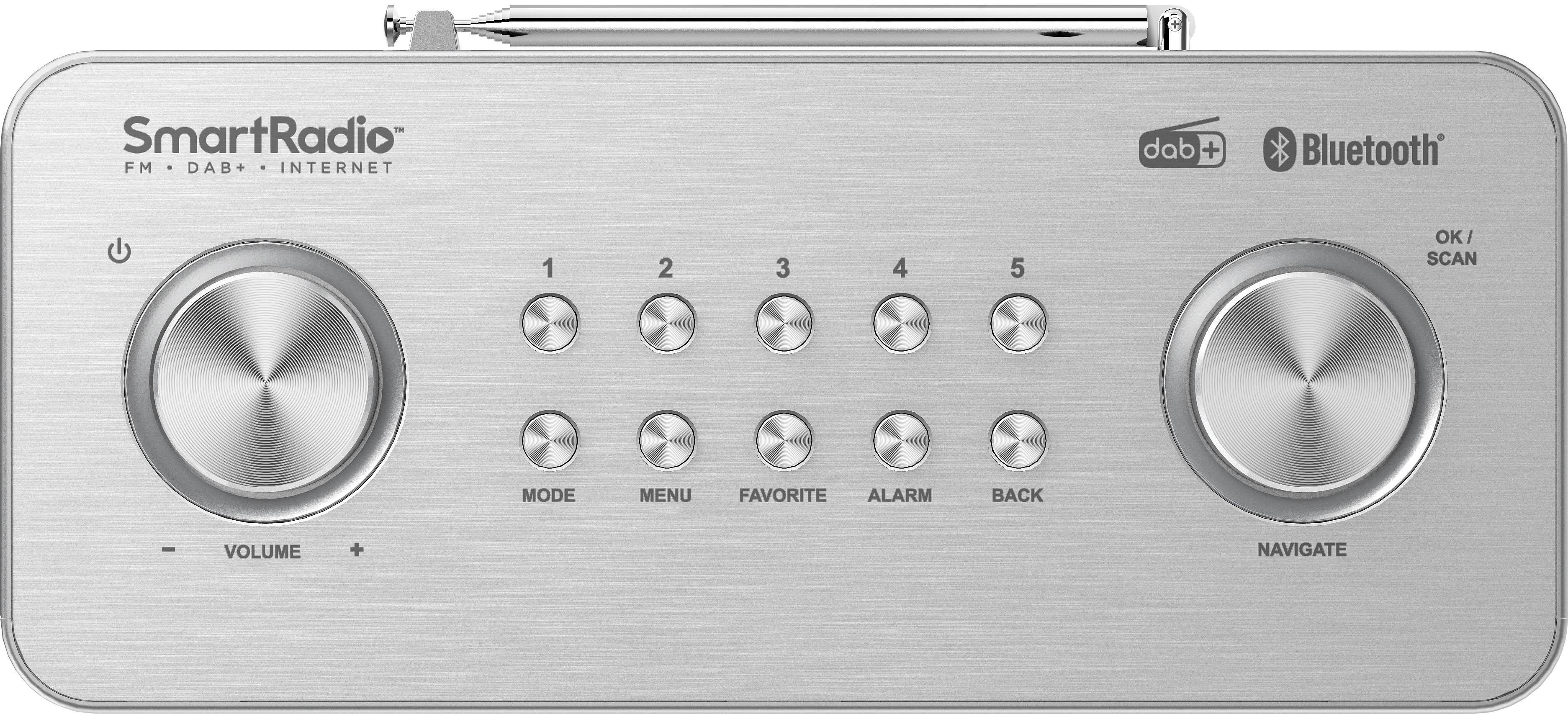 Silbernes SmartRadio mit Knöpfen und einem Lautstärkeregler. Es hat ein DAB+ und Bluetooth Logo.