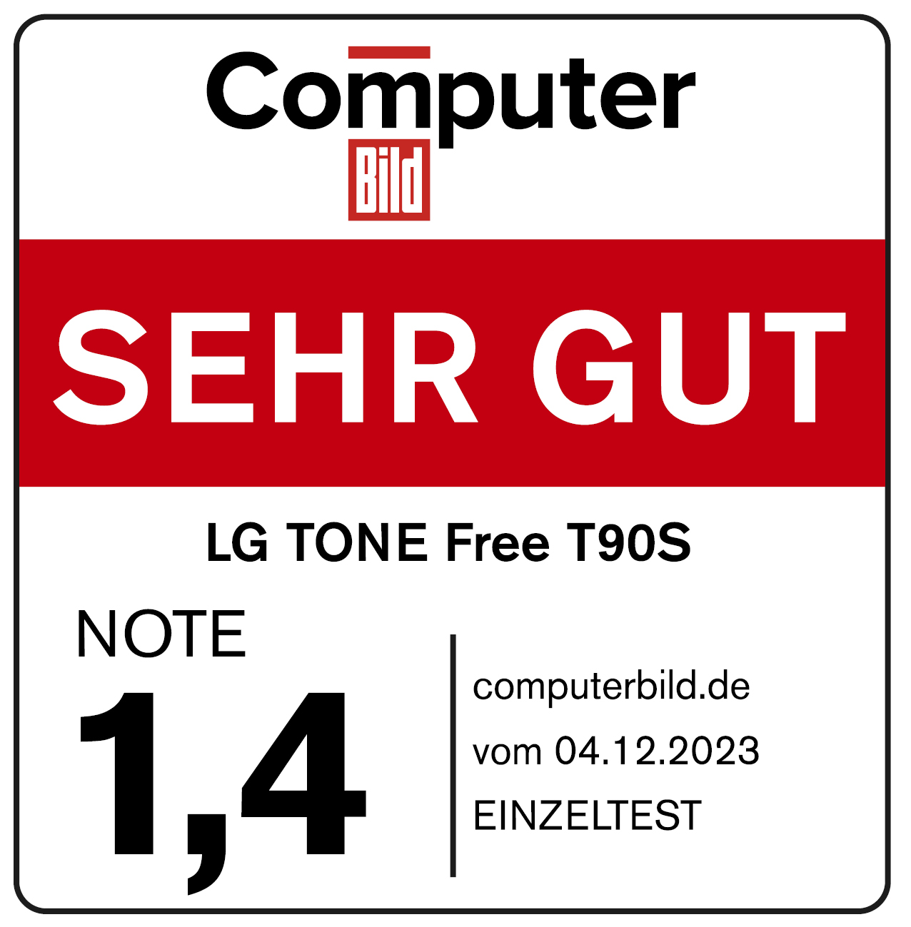Computer Bild Logo mit 'SEHR GUT' und der Note 1,4 für LG TONE Free T90S Kopfhörer.