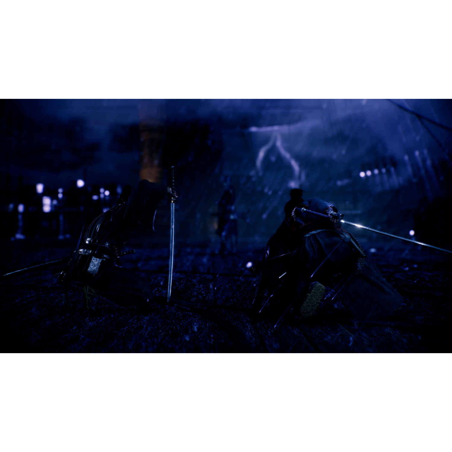 Dark, blurry image with two figures holding swords, against a blue, lit background.