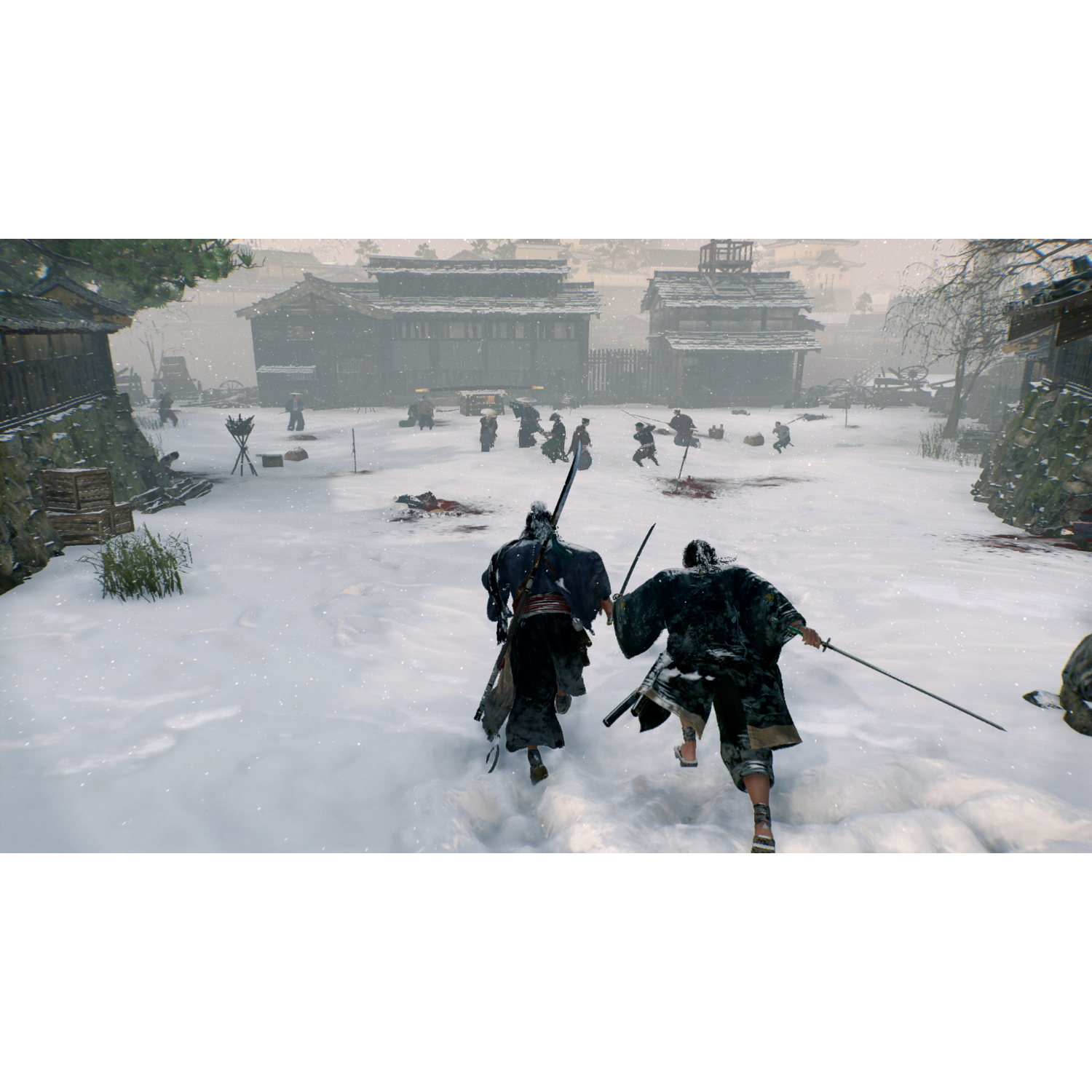 A snowy scene from a video game with two characters running.