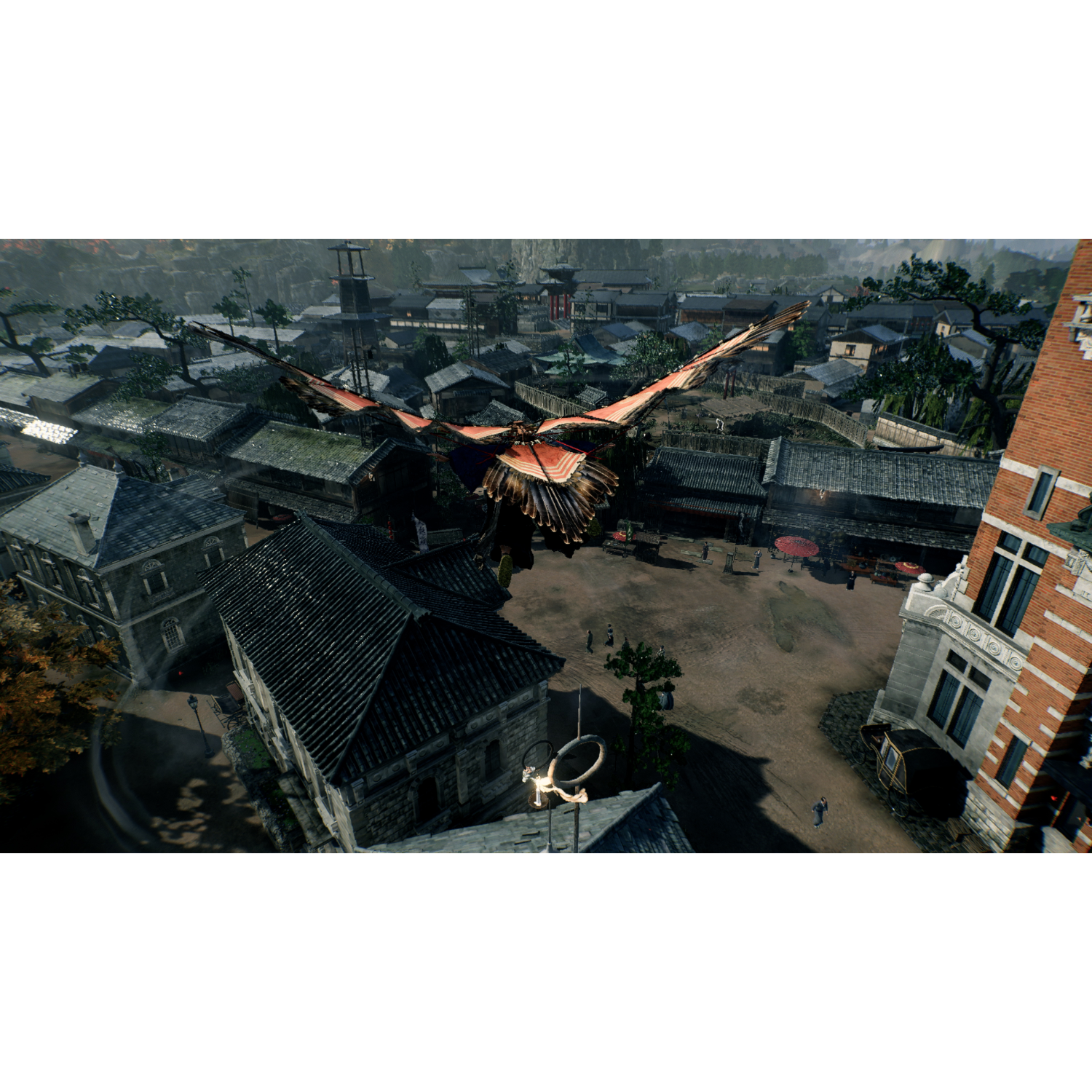 A winged creature flying over a Japanese village. Houses and rooftops are visible below.
