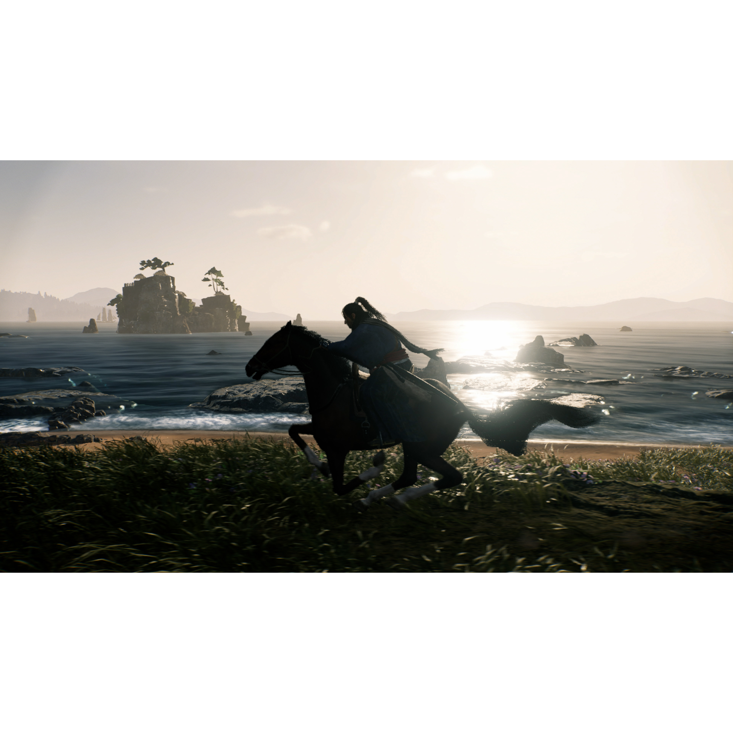 A person on horseback riding along a beach at sunset. The horse is black, the sky is golden.