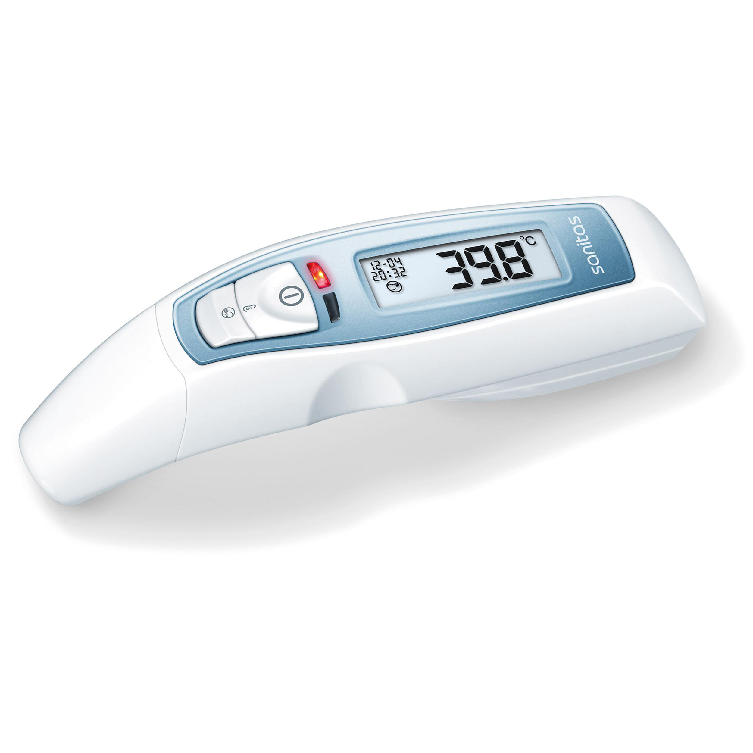 Weißes und blaues digitales Thermometer, das eine Temperatur von 39,8 Grad zeigt.