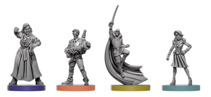 Négy miniatűr figura színes talapzaton, pózolva. Egy kardot tart. Sötét háttér.