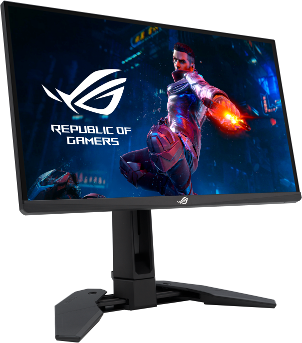 Fekete gamer monitor tüzet mutató férfival, ROG logóval.