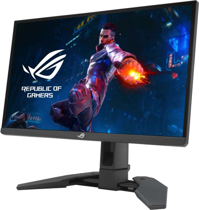 Egy fekete számítógép monitor kék tónusú képernyővel, ami egy videojáték jelenetet jelenít meg logóval. A monitor egy asztalon van.