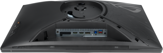 Egy fekete gamer monitor hátulja portokkal és dizájnnal.