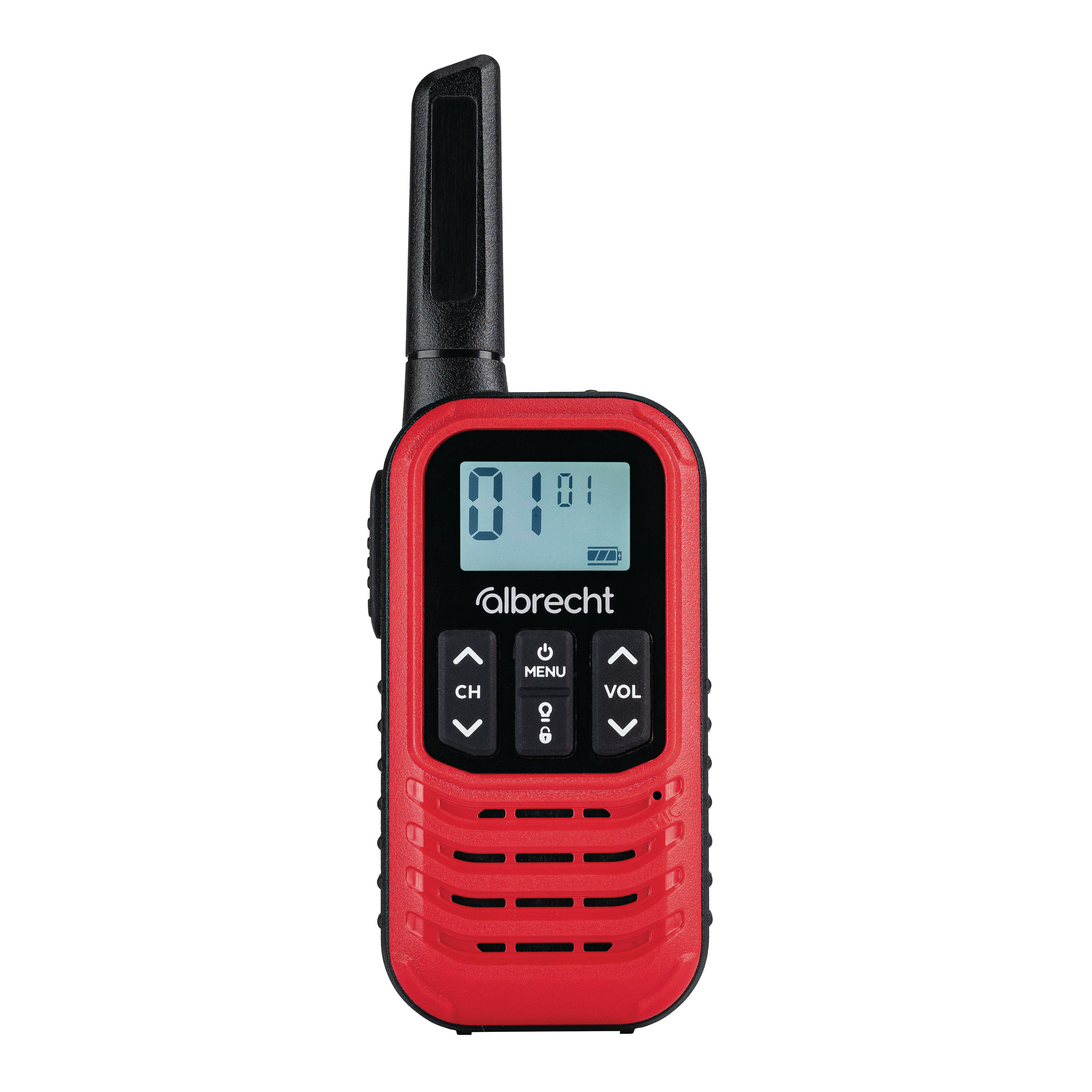Rotes Walkie-Talkie mit schwarzer Antenne und Display. Knöpfe und das Wort 'Albrecht' sind sichtbar.