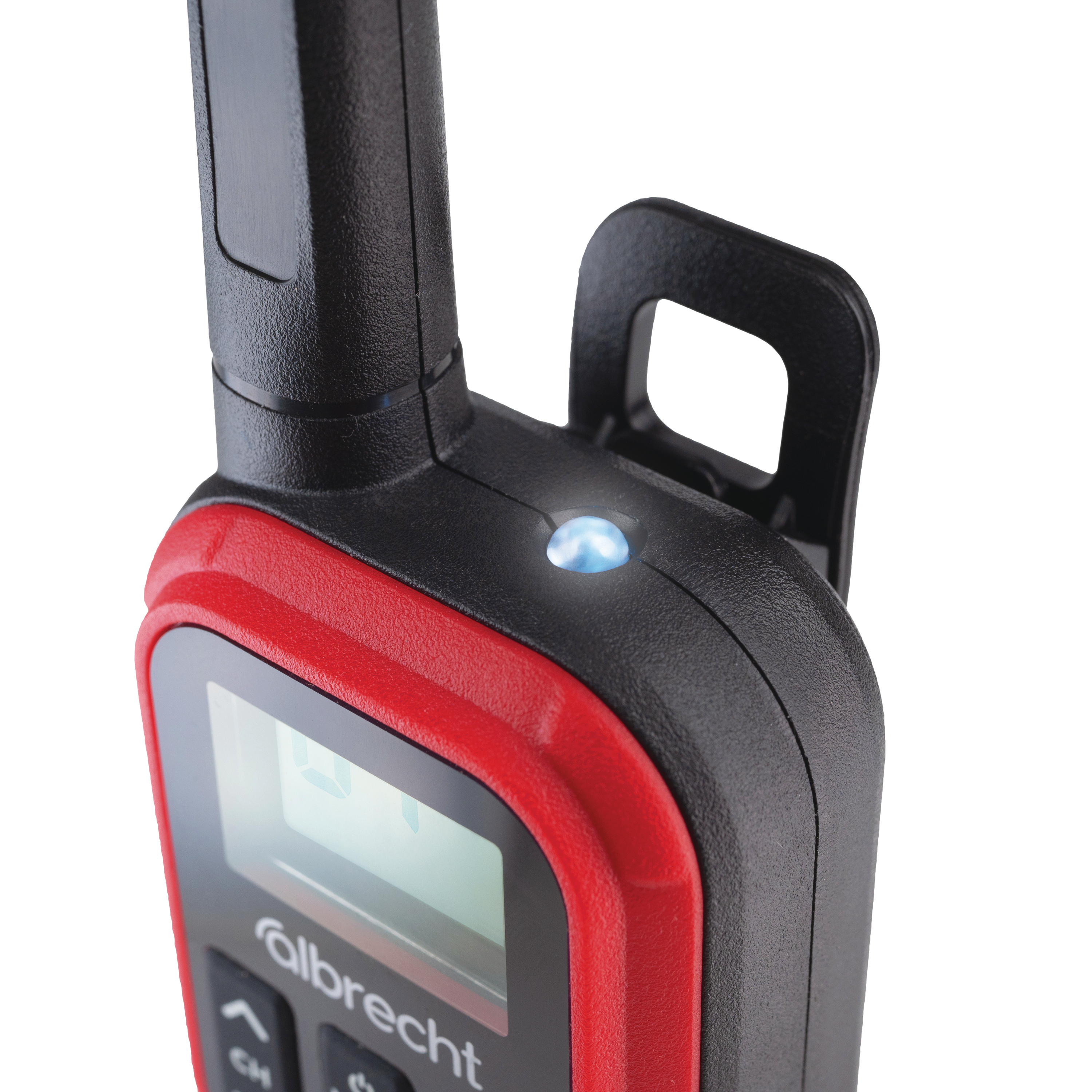 Rotes und schwarzes Walkie-Talkie, mit blauem Licht oben, Nahaufnahme.