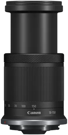 Schwarzes Canon 18-150mm Objektiv mit Brennweitenmarkierungen.