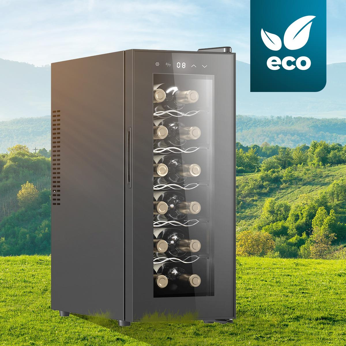 Una nevera para vinos negra con puerta de cristal, colocada en un campo verde con cielo azul.