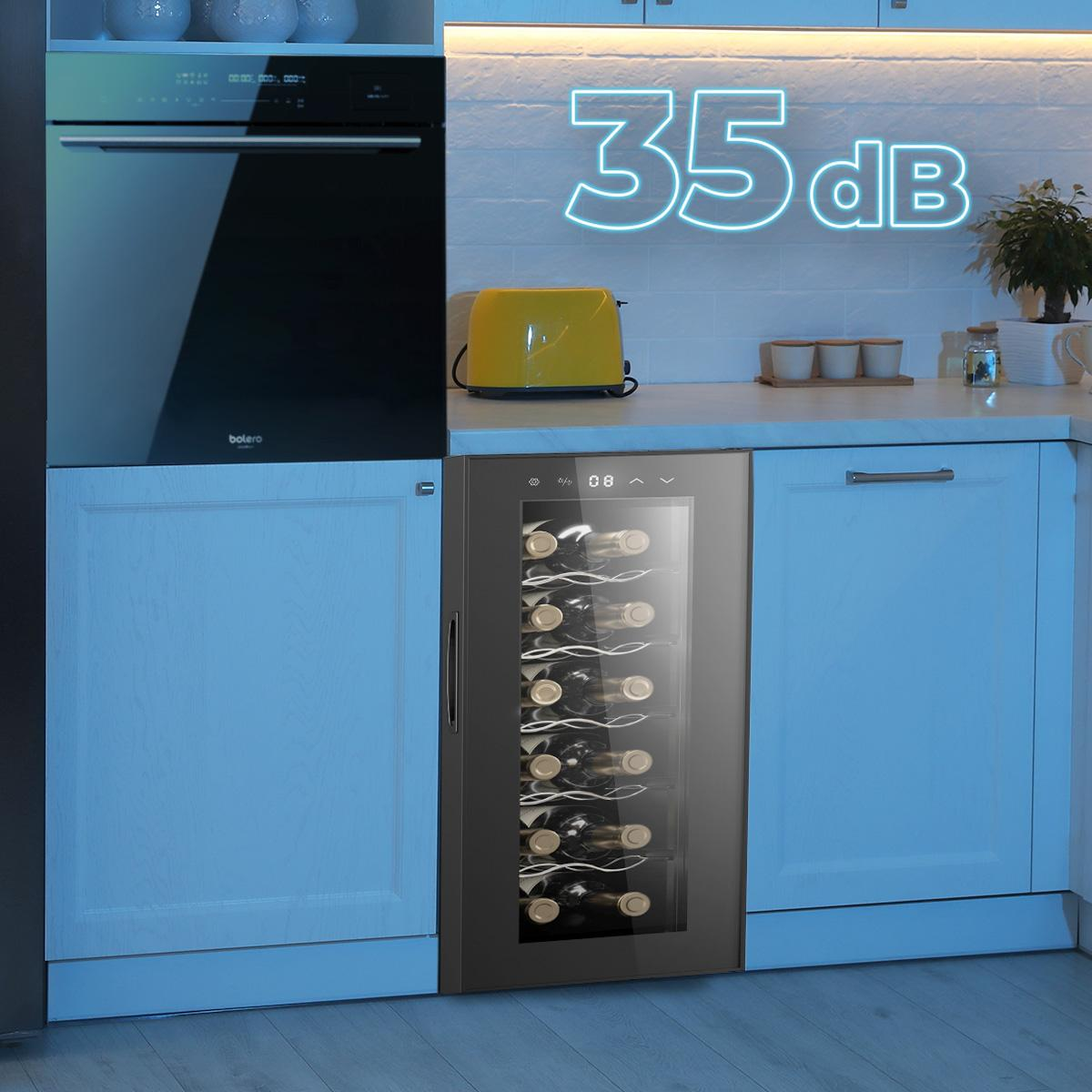 Configuración de cocina con vinoteca, horno y tostadora, letrero de neón.