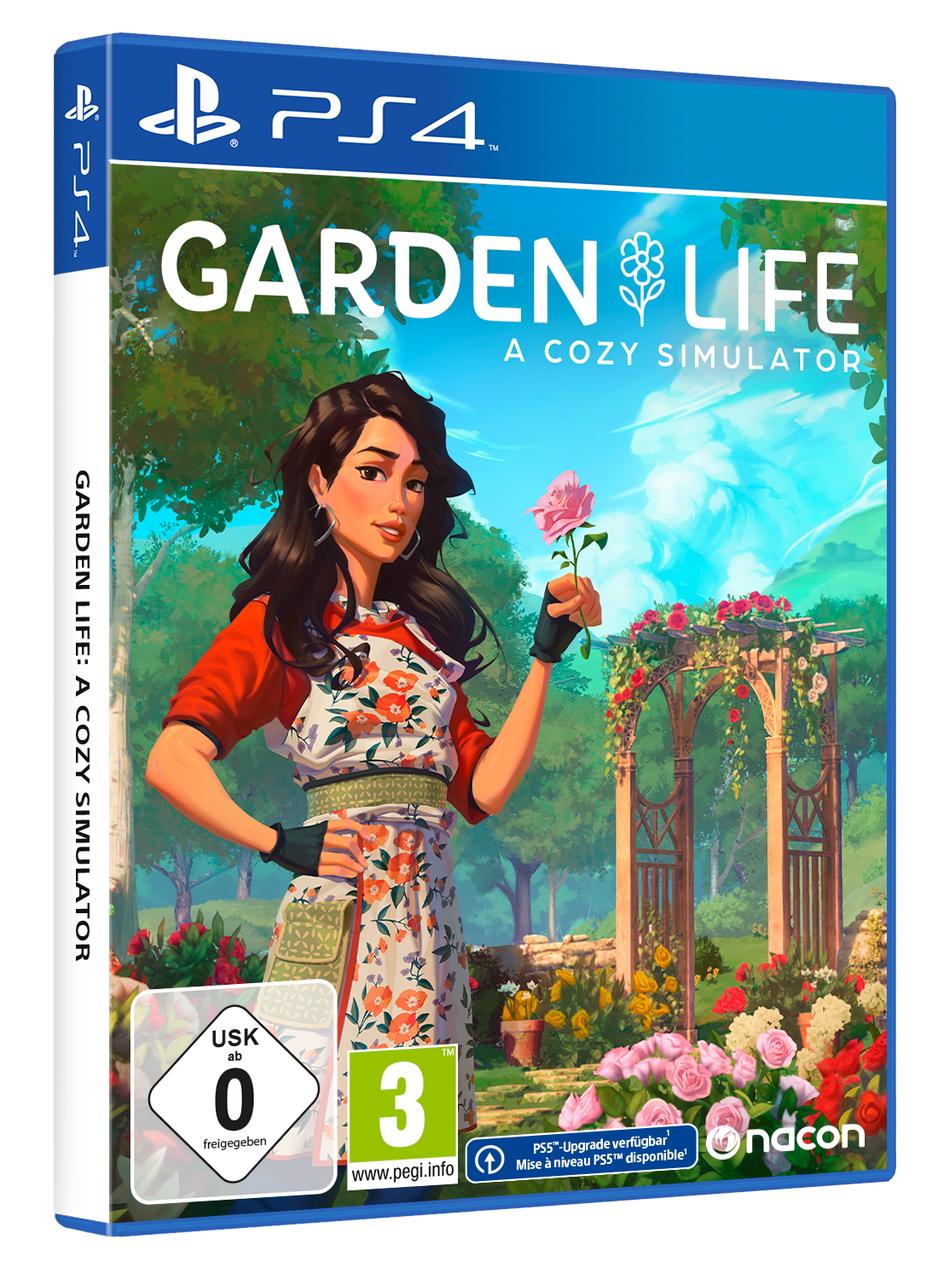 Spielbox-Art für "Garden Life: A Cozy Simulator", Frau hält eine Rose.