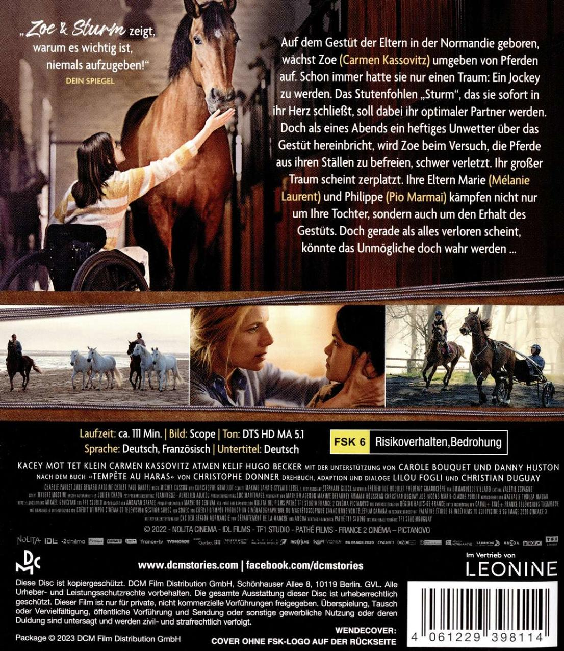 Film-DVD-Cover, Frau im Rollstuhl mit Pferd, Text auf Deutsch.