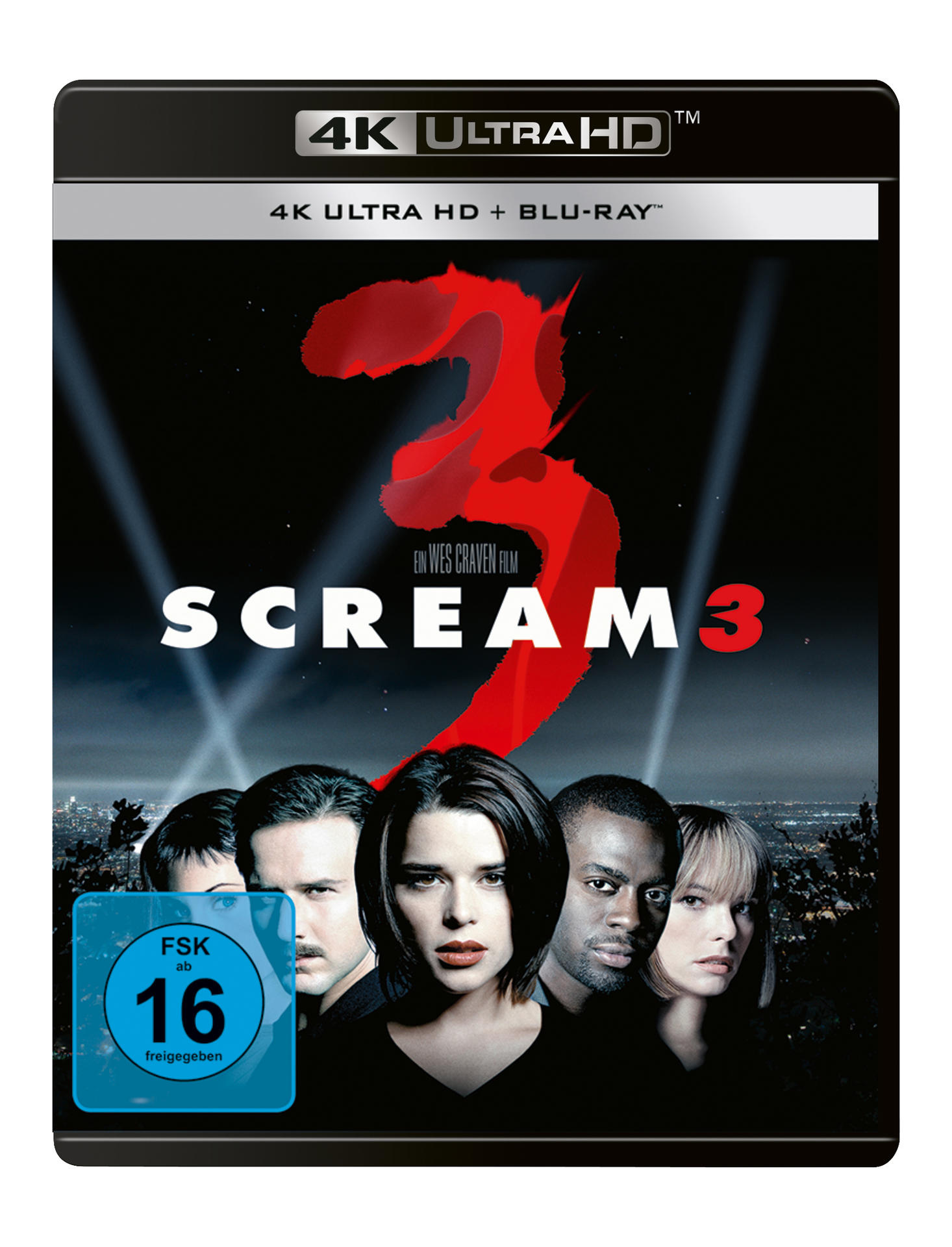 Filmcover für Scream 3. Zeigt Schauspieler und die Zahl 3 in Rot. Schwarzer Hintergrund.