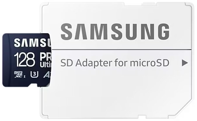 Karta SD Samsung i jej adapter są pokazane na białym tle. Karta jest czarna.