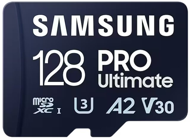 Czarno-niebieska karta microSD z białym tekstem: SAMSUNG 128 PRO Ultimate. Logo MicroSD.