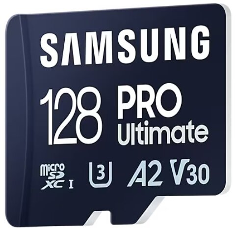 Czarna karta microSD Samsung 128 Pro Ultimate z tekstem na ciemnoniebieskim tle.