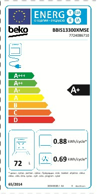 Energia címke A+ besorolással és hűtőszekrény specifikációkkal.