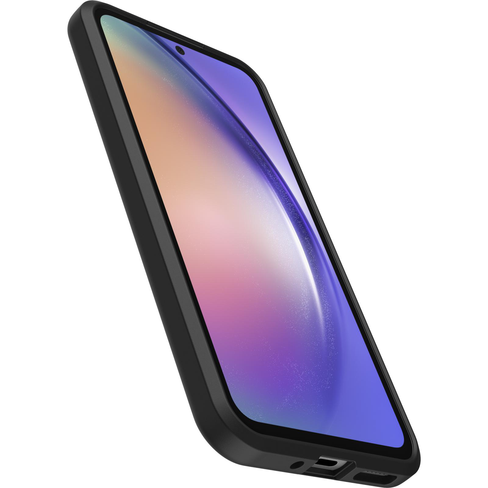 Schwarzes Telefon in einer Hülle. Der Bildschirm zeigt ein farbenfrohes Bild.