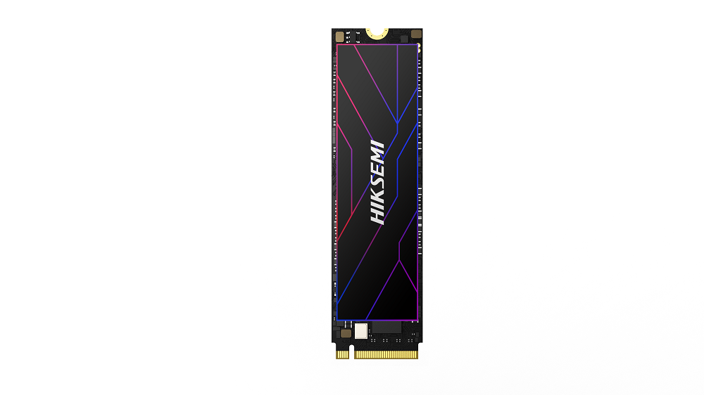 Siyah PCB'li bir M.2 SSD, HIKSEMI logolu soğutucu etiketi ve degrade çizgiler.