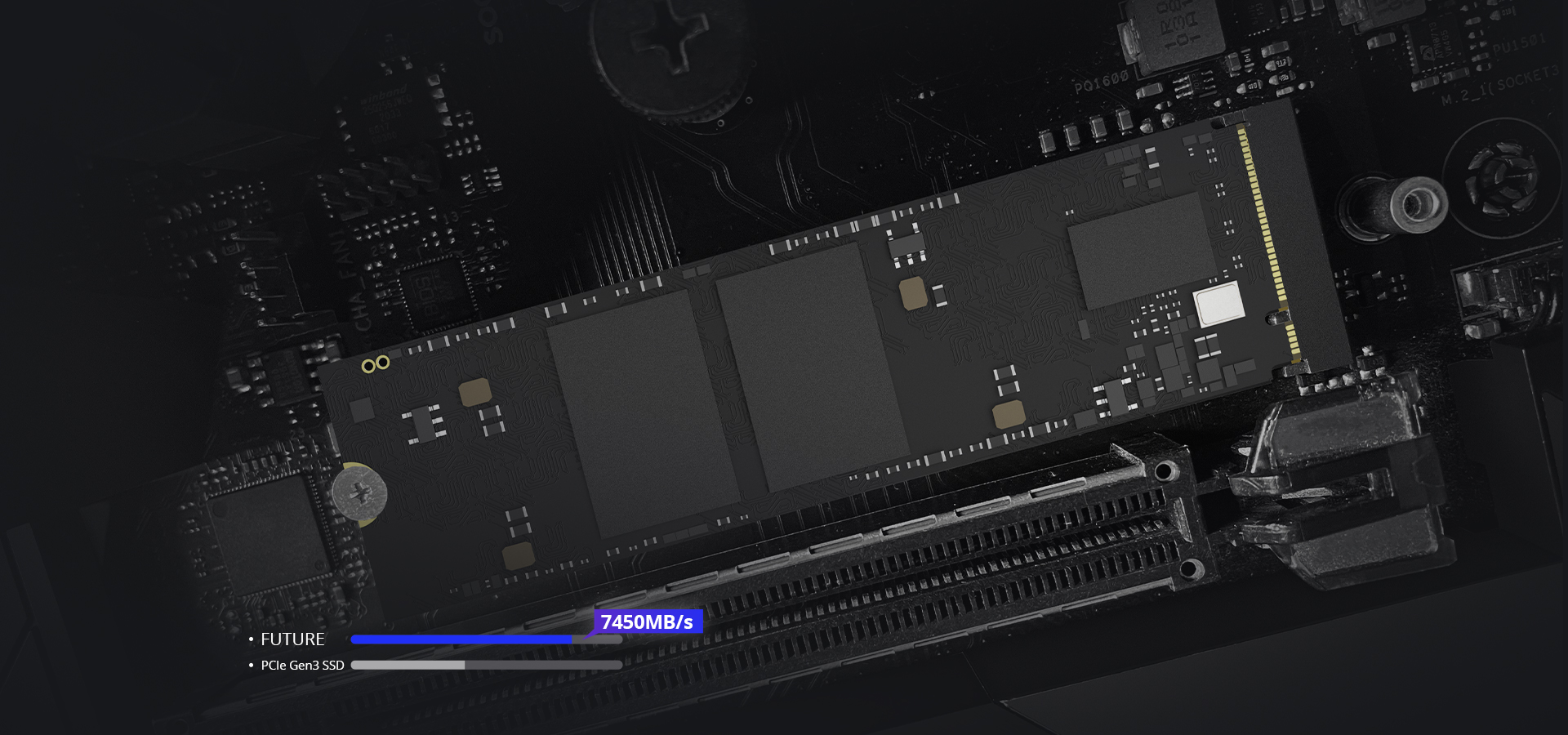 Bir anakart üzerinde siyah bir SSD sürücüsünün yakın çekimi. Metin, 7450MB/s veri aktarım hızını gösterir.