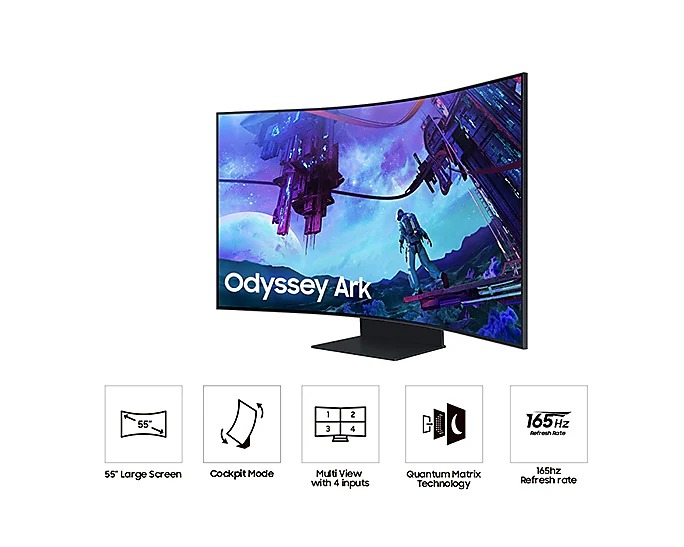 Gebogen tv-scherm met 'Odyssey Ark' op scherm, 4 pictogrammen hieronder.