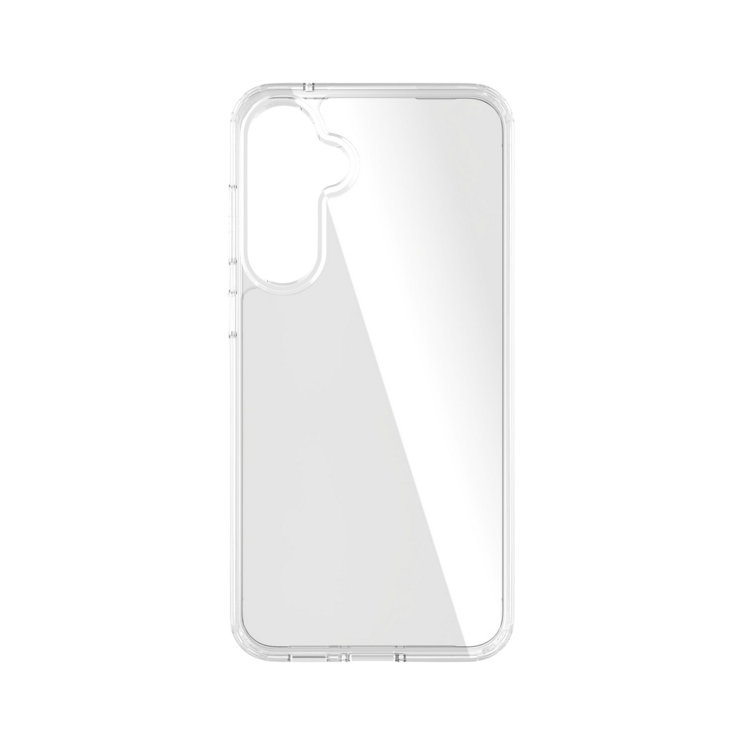 Transparante telefoonhoes, die de achterkant van een telefoon laat zien. De hoes is transparant en slank.