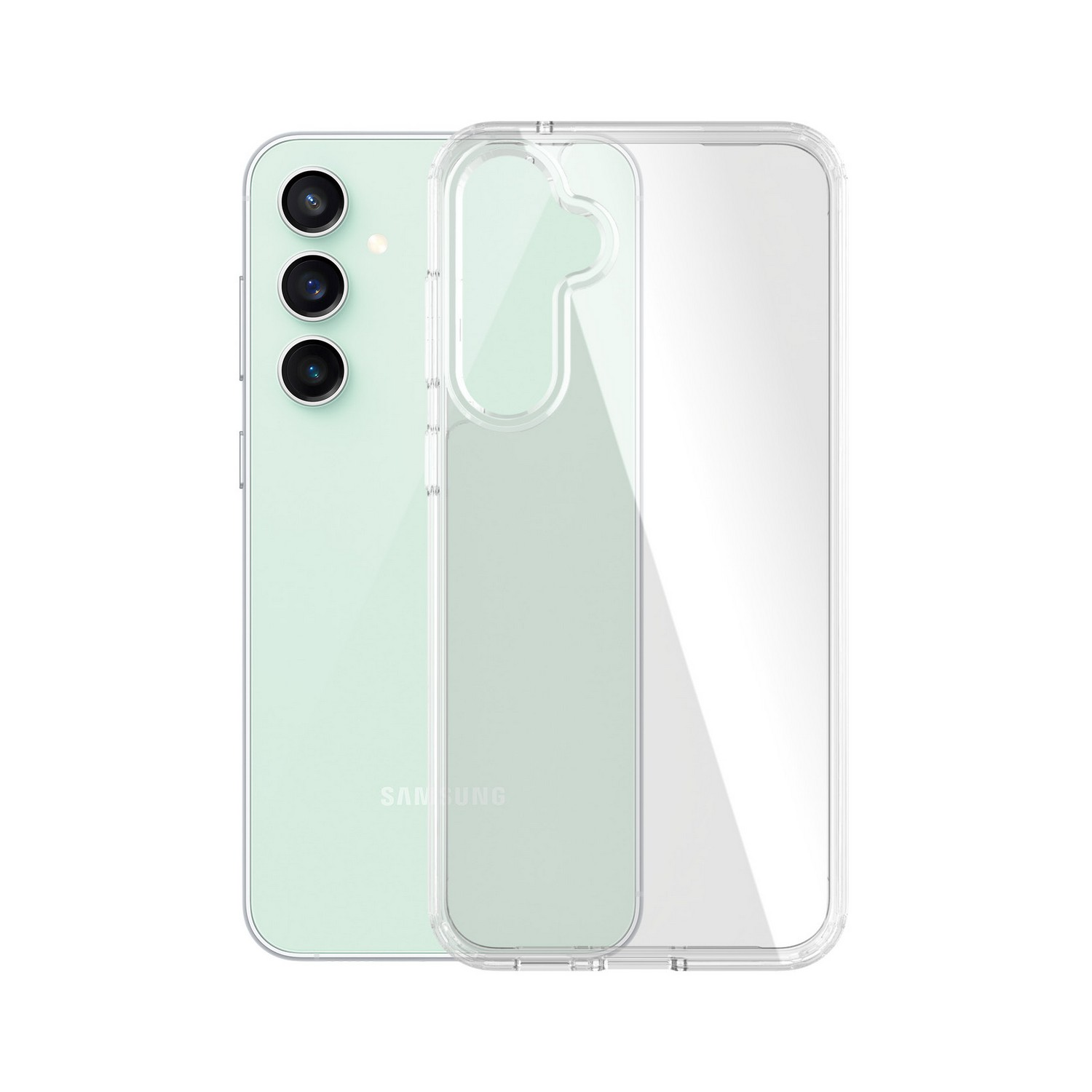Een groene telefoon met een doorzichtige telefoonhoes.