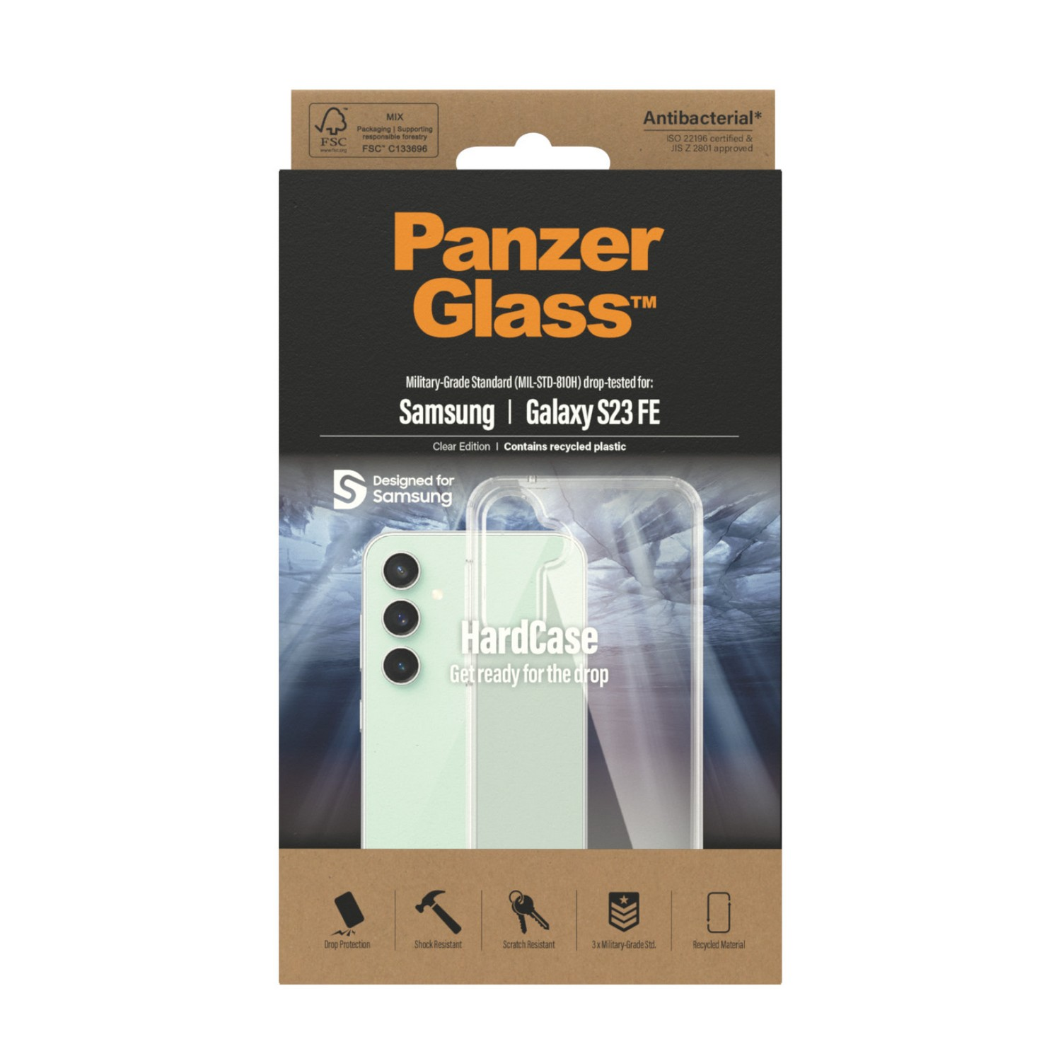 PanzerGlass-verpakking voor Samsung Galaxy S23 FE. Doos toont telefoon met hoesje.