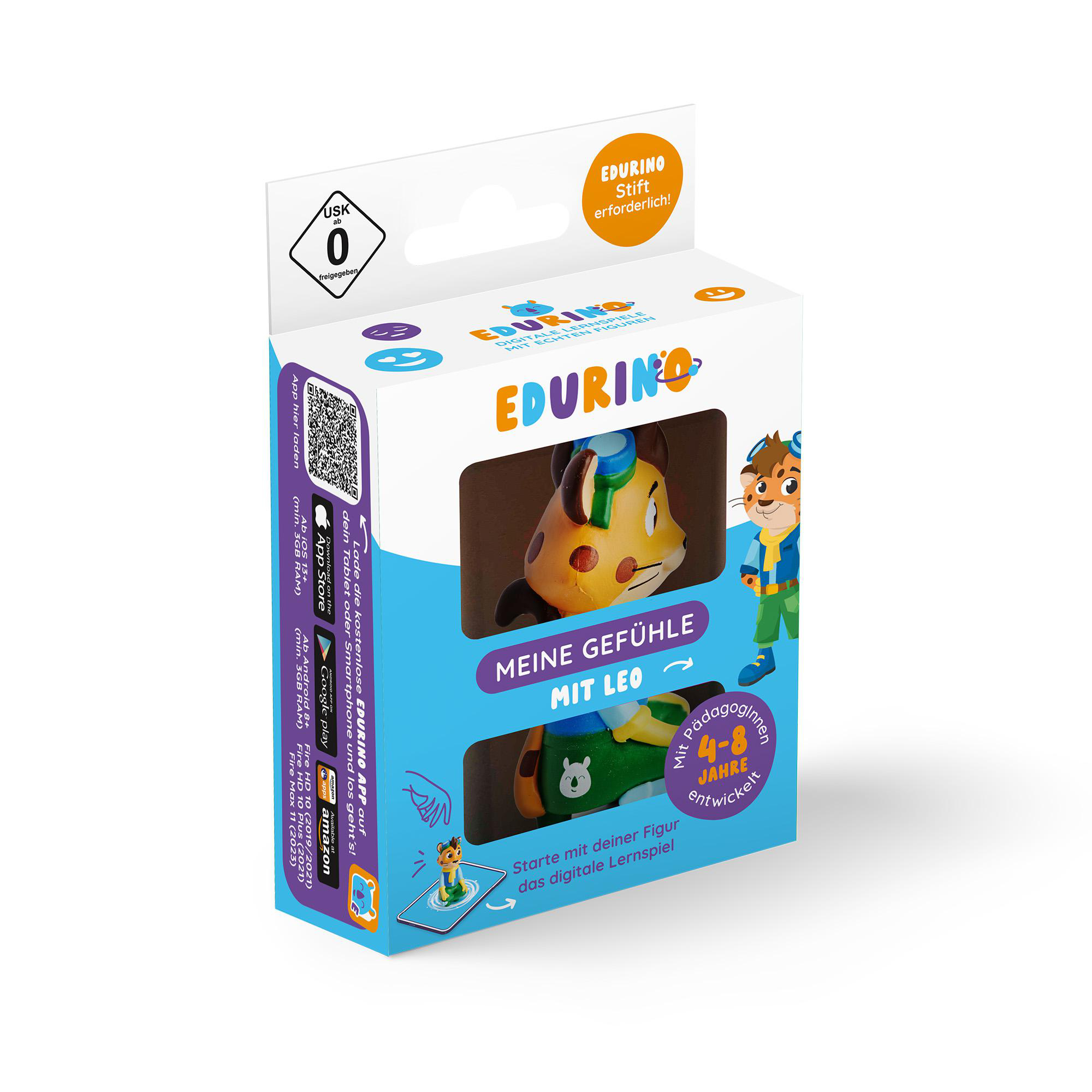 Eine Schachtel mit Edurino-Spielzeug mit einer Cartoonfigur auf der Vorderseite.