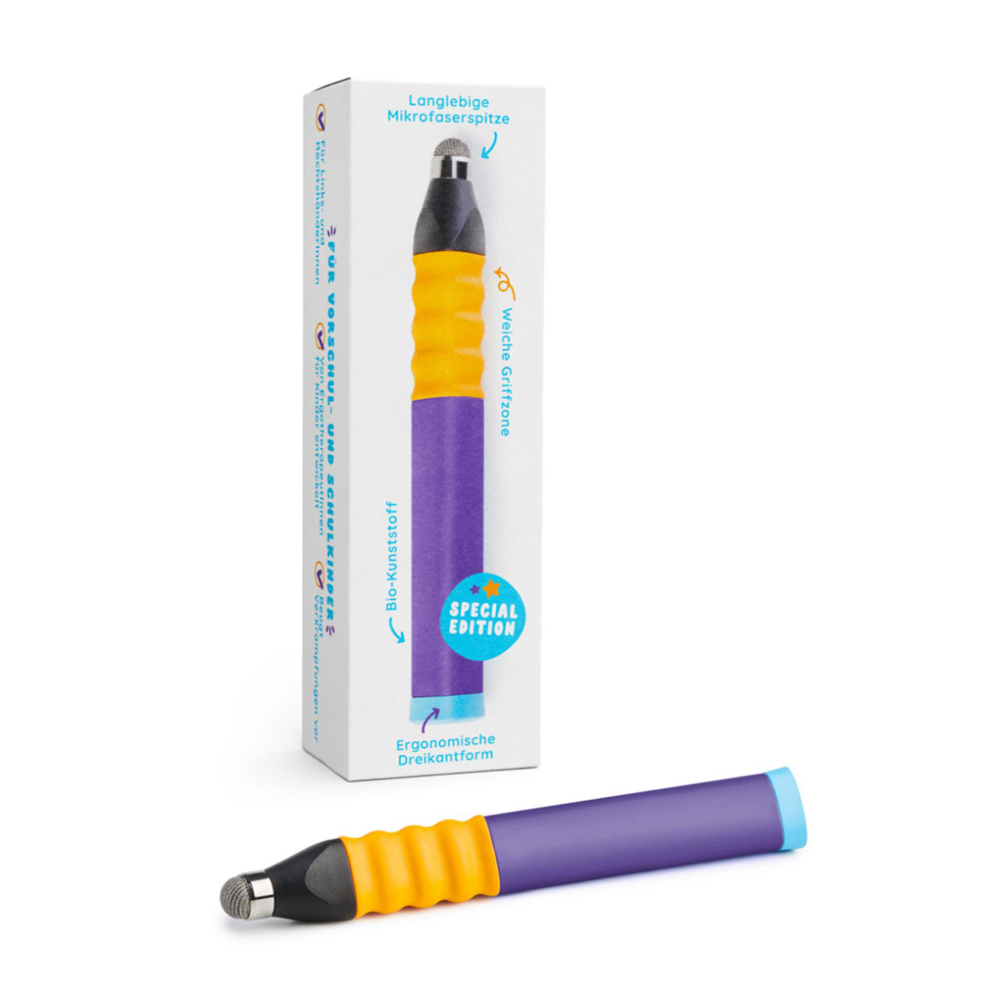 Eingabestift mit Verpackung. Der Stift ist lila, gelb und schwarz. Die Verpackung ist weiß mit Text.