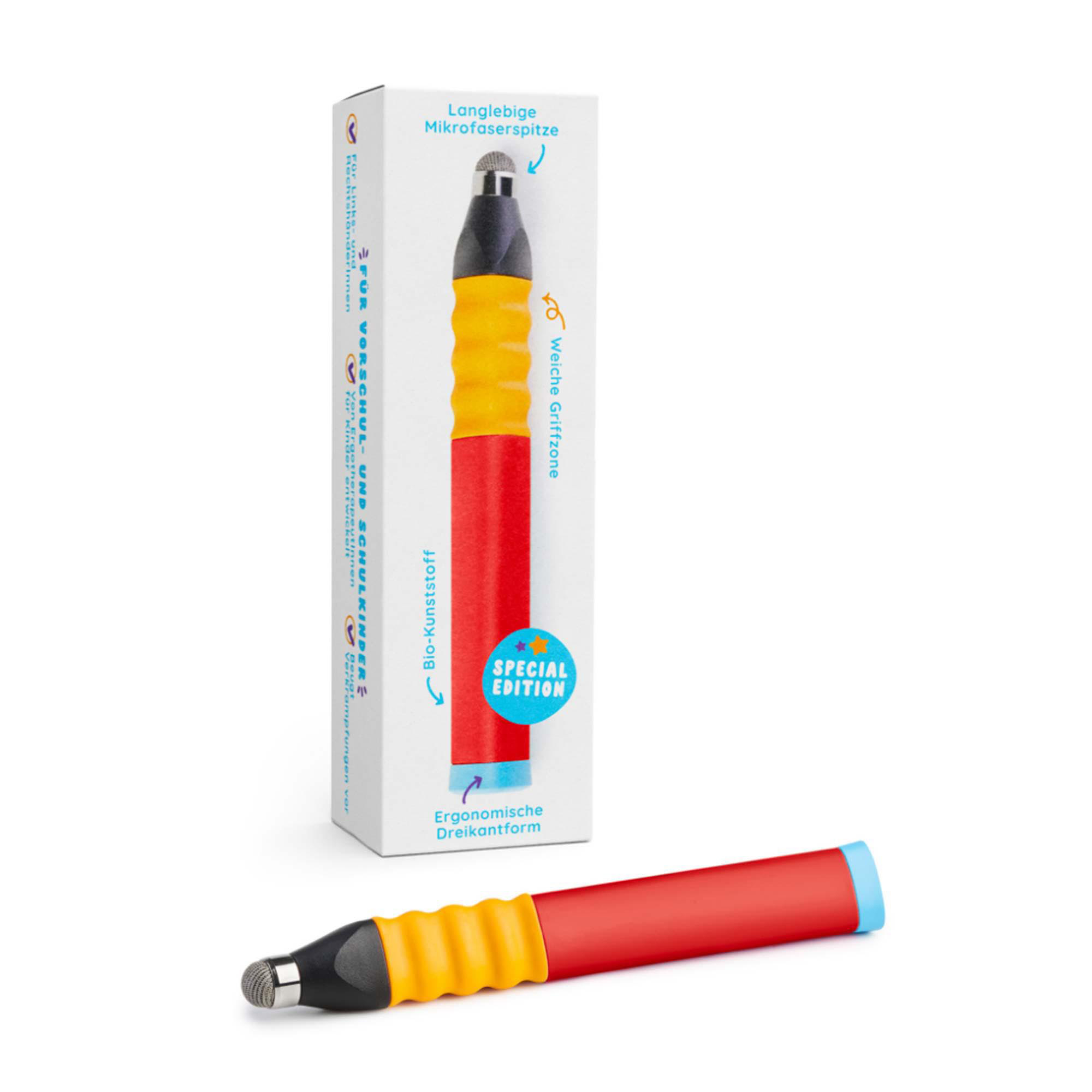 Eingabestift in Verpackung. Roter und gelber Stift mit schwarzer Spitze, weißer Hintergrund.
