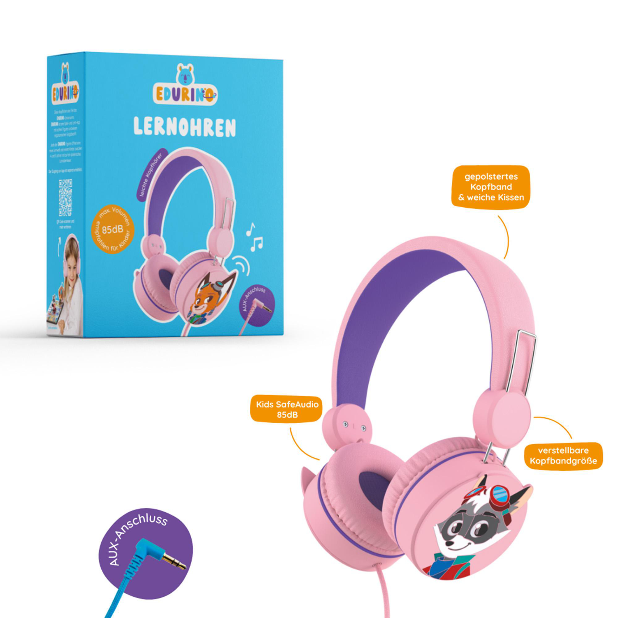 Pinke und lila Kinderkopfhörer mit Waschbären-Design und blauem Kabel.