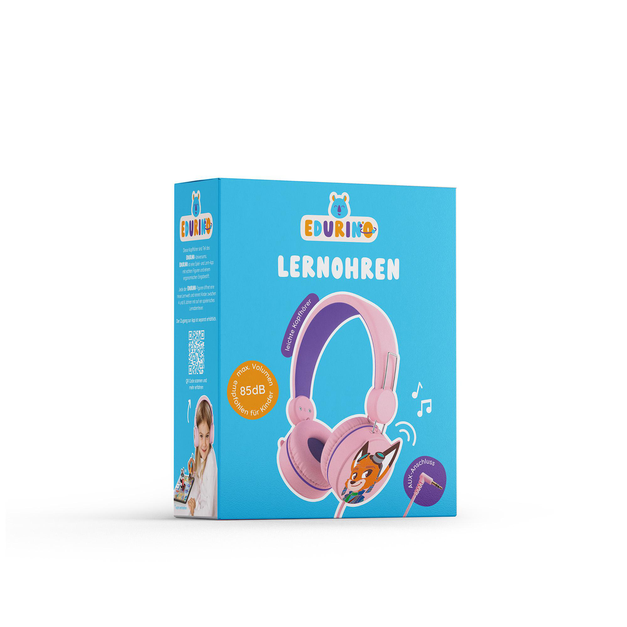 Blaue Box mit pinkfarbenen Kopfhörern und Fuchsbild, beschriftet mit 'EDURINO LERNOHREN'.