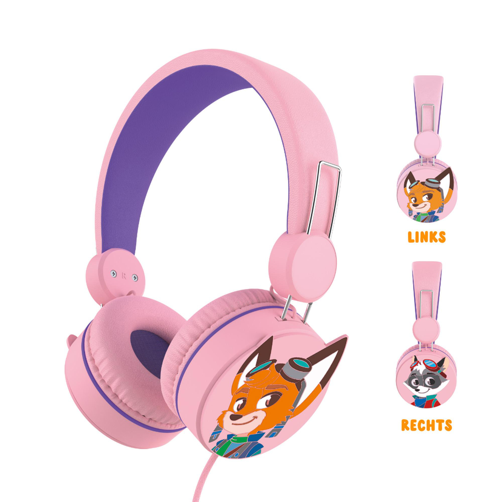 Kinderkopfhörer in Pink und Lila, mit einem Cartoon-Fuchs auf den Ohrmuscheln. Zwei separate Ansichten.