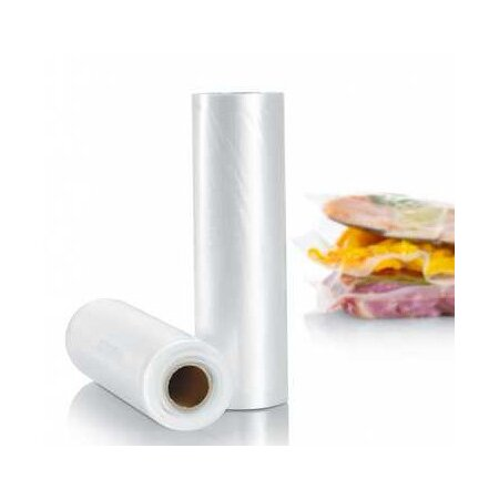 Dwie rolki przezroczystej folii, jedna leżąca płasko, a druga stojąca na białej powierzchni.