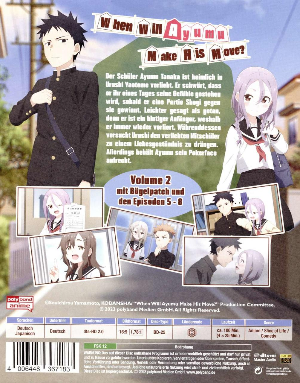 Anime-DVD-Hülle mit Charakteren. Lila und weiße Farben. Rückansicht der DVD.